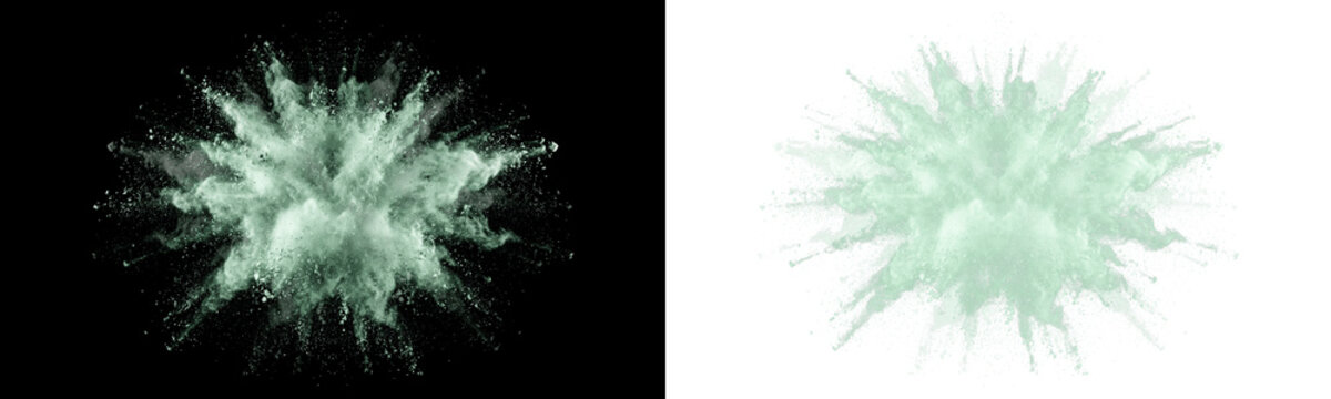 Dynamic green powder explosion and dust burst freeze motion graphic element. High speed splash effect provided as a PNG file with a transparent background for easy overlay in visual designs.