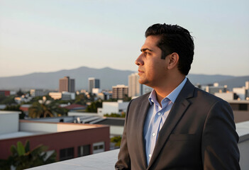 Plakat Business vision and future planning, confident businessman looking at city skyline at sunset, corporate leadership and success