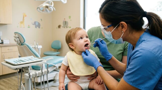 Pediatric dentist examining baby's teeth in dental clinic