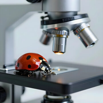 Scientific research and entomology, ladybug under a microscope for biological study and insect observation