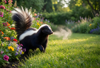 Naklejka premium Wildlife and nature conservation, striped skunk spraying in a garden with colorful flowers and green grass
