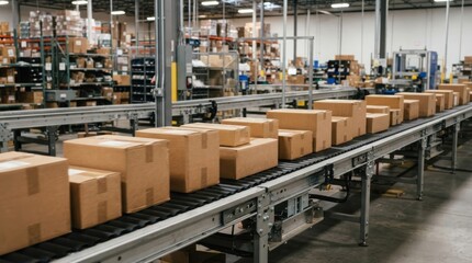 Fototapeta premium Cardboard boxes on conveyor belt in modern warehouse fulfillment center