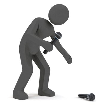 Grey 3d man figure bends down to pick up microphone from floor. Lost audio equipment on white background. Concept of failed speech, broken communication dropped mic in public speaking event stage