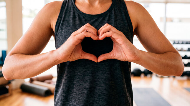 Person making heart shape with hands in fitness studio