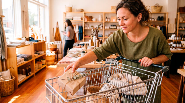 Woman placing gift wrapped item into shopping cart in a boutique store