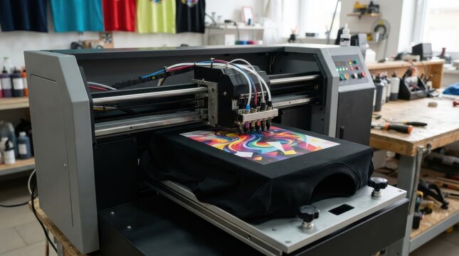 Direct to garment printer printing colorful design on black t-shirt