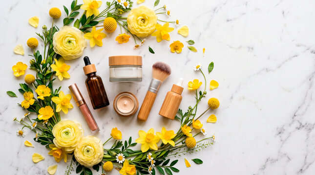 Natural beauty products arranged with yellow flowers on a marble surface.