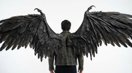 Obraz premium Man with large dark feathered wings resembling a mythical creature or fallen angel