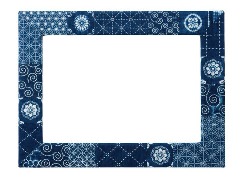 Rectangular picture frame made of traditional japanese indigo blue patchwork fabric isolated on transparent background