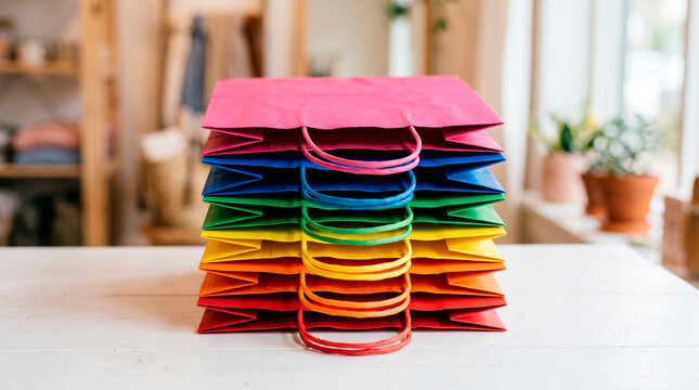 A stack of colorful shopping bags arranged on a white table.