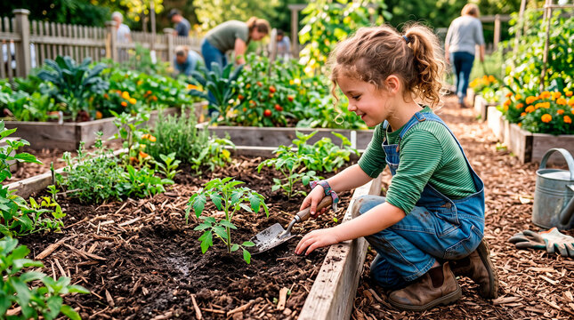 Young girl planting a seedling in a raised garden bed with family in background