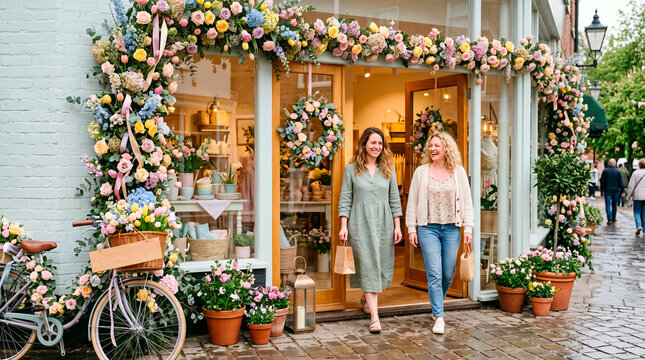 Two women leaving a shop decorated with a bicycle and floral arrangements.
