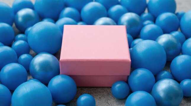 Pink gift box surrounded by blue spheres and balls