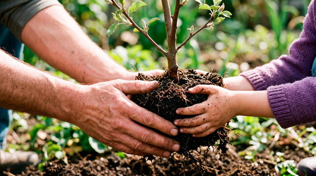 Adult and child hands planting a young tree together in the garden.