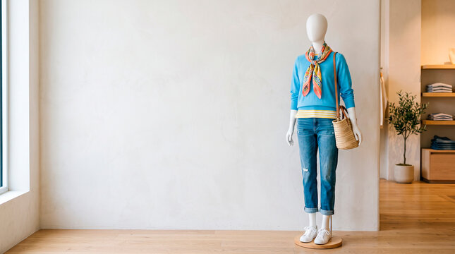 Mannequin displays casual outfit with blue sweater jeans and straw bag in store