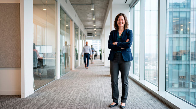 Confident businesswoman standing in modern office hallway with arms crossed