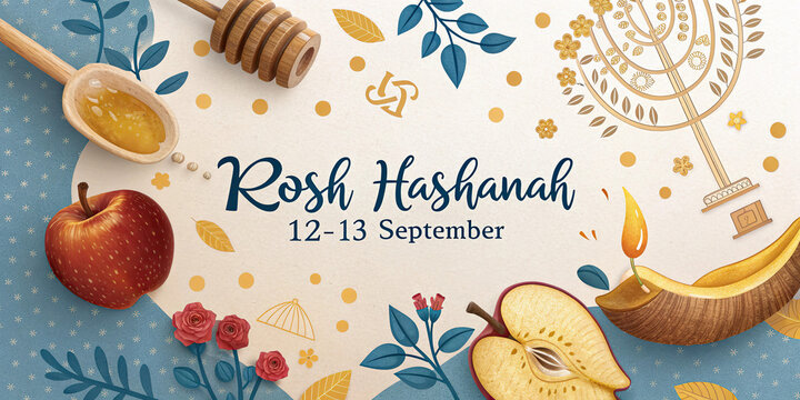 Rosh Hashanah Jewish New Year Celebration with Apple Honey Shofar and Festive Symbols