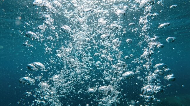 Underwater air bubbles rising in deep blue ocean water