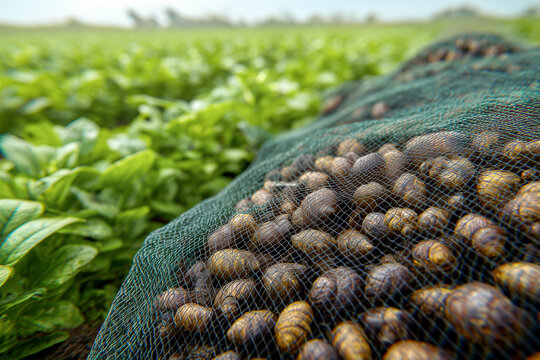 Close up view of harvested snails inside a green mesh net sack on a snail farm field with lush green leaves background, selective focus macro photo