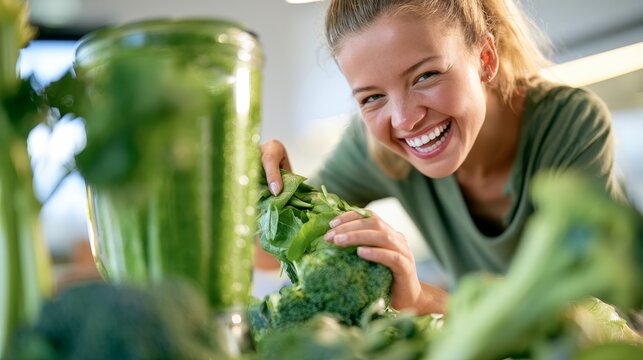 Smiling Caucasian woman preparing fresh green vegetables, including broccoli, for a smoothie in a bright kitchen with a blender and healthy ingredients visible