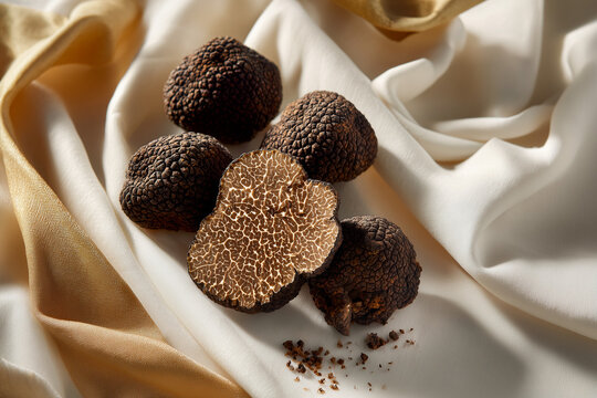 Whole and sliced black truffles on elegant white silk fabric. Rare gourmet mushrooms texture close up layout. Luxury organic culinary ingredient concept background