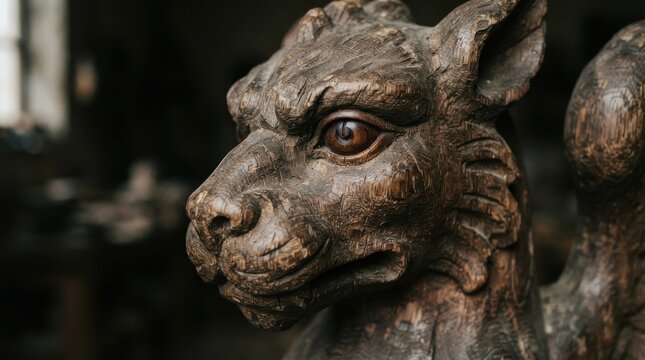 Close up of a wooden carved gargoyle creature head sculpture