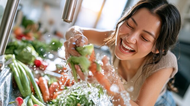 Asian woman washing fresh vegetables in a modern kitchen sink, surrounded by an array of colorful produce and sunlight streaming through the window
