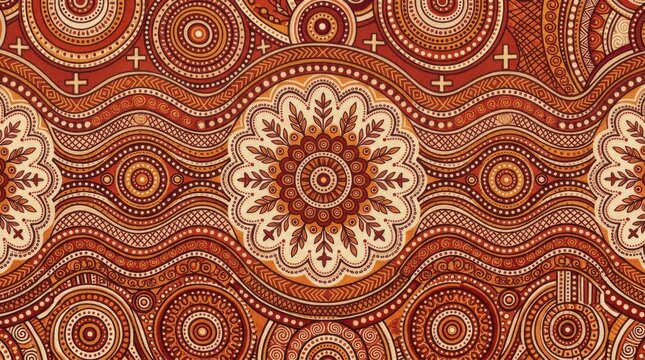 Aboriginal style dot art background with traditional patterns and earth colors