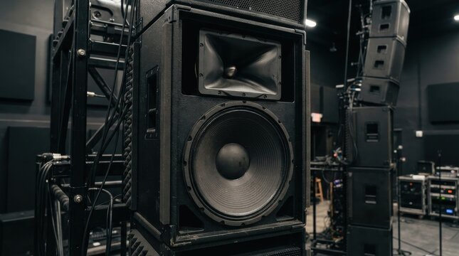 Professional audio speakers and sound equipment in a dark recording studio