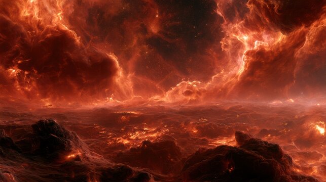 Vivid display of orange and red nebula with swirling cosmic clouds and glowing star embers set in the vastness of deep space