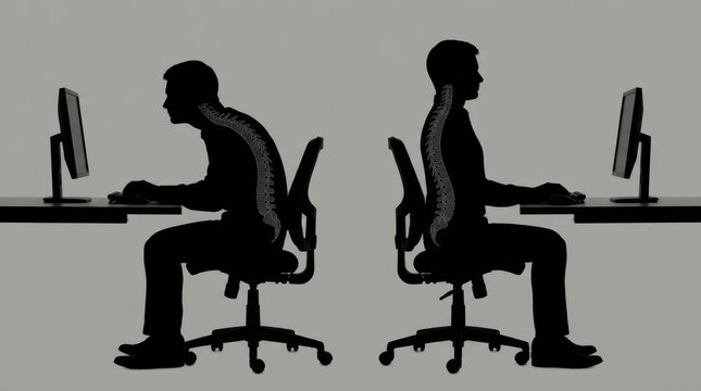 Good and bad posture comparison silhouette at desk with spine