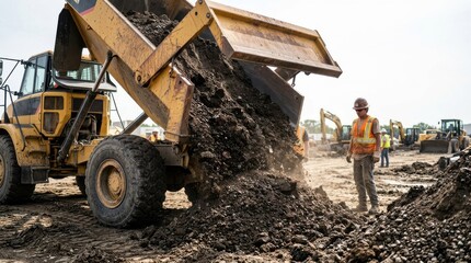 Fototapeta premium Dump truck dumping soil at construction site with worker