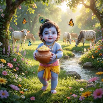 Divine baby Krishna walks in rich garden holding pot of butter. Cows graze near stream with butterflies fluttering around flowers and trees. Adorable Hindu deity.