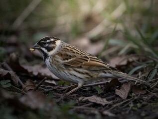Naklejka premium Small reed bunting bird stands on ground with dried leaves. Wild bird holds seed in beak. Wildlife animal searches for food in natural farmland habitat. Brown, white feathered sparrow sits on soil in