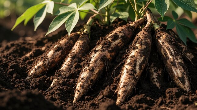 Fresh cassava roots emerge from dark fertile soil in organic farm field. Raw manioc tubers grow near green leaves in garden. Close up shot of harvested tapioca crop ready for food production, healthy