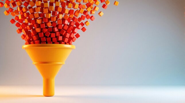 Abstract 3D funnel collects falling colorful cubes. Small orange, red blocks flow into large yellow cone. Digital data processing concept shows information filter, conversion process, business