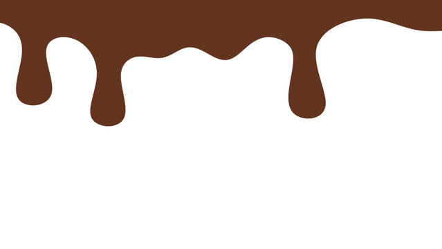 Melted chocolate or syrup drips isolated on a white background. Flowing liquid chocolate border element. A sweet brown syrup or sauce that melts and drips.