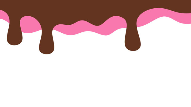 Sweet melting chocolate and pink strawberry icing glaze background. Melted syrup or dripping liquid sauce. Minimalist sweet chocolate and strawberry pink background. Minimalist wavy background.