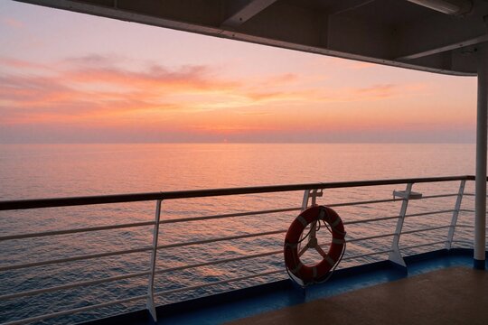 View from cruise ship deck at orange sunset over calm ocean. Lifebuoy hangs on white railing under evening sky. Peaceful sea horizon provides copy space for travel banner. Relaxing summer vacation