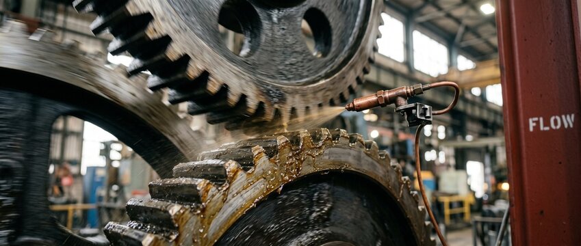 Industrial gear machine lubrication system spraying oil on heavy steel cog wheels in factory workshop background, mechanical engineering maintenance and manufacturing equipment process in plant.