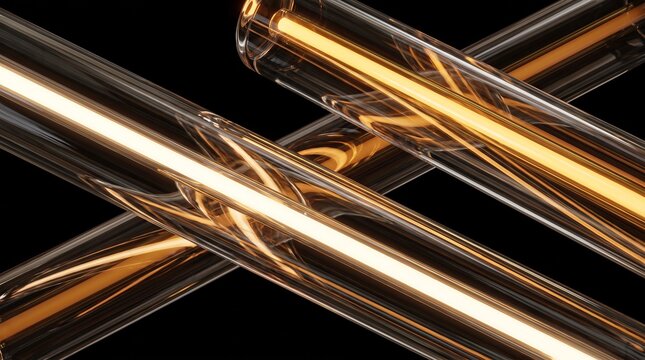 Crossed 3D glass tubes glowing with white filaments