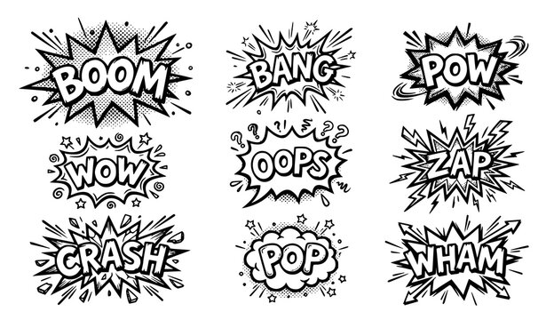 Black White Comic Sound Effects Vector Icons Collection