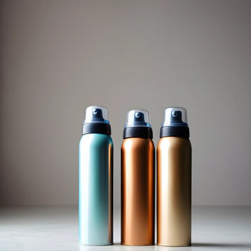 Personal care product packaging design, three metallic spray bottles for beauty and hygiene, cosmetic branding