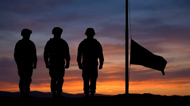 Silhouettes of three soldiers standing by a flagpole at sunset