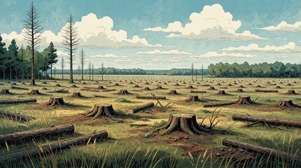 Naklejka premium Large deforested field with many tree stumps, fallen logs. Cleared forest area under blue sky with white clouds. Environmental destruction from logging wildfire leaves bare land. Climate change,