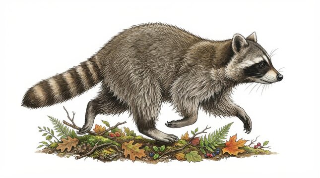 Running raccoon on forest floor with autumn leaves