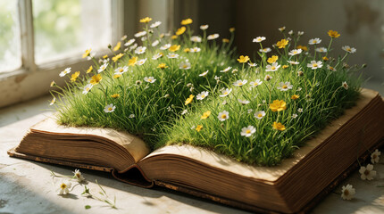 Fototapeta premium Open vintage book with green grass, small wildflowers growing from pages. Spring meadow grows inside old literature. Creative concept of imagination, growth, nature connection through reading. Sun