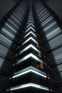 Rising 3D chevrons converging toward a glowing peak