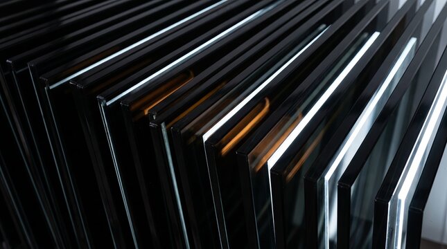 Stacked 3D glass panels glowing amber and white