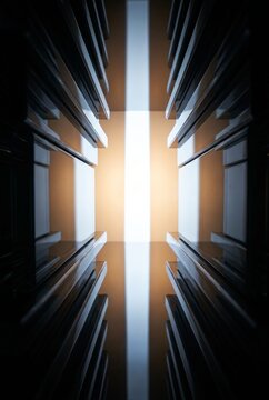 Glowing 3D beam rendered through a stacked corridor